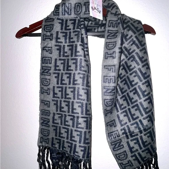 Fendi: Logo and Monogram Wool Tassel Scarf (Grey)